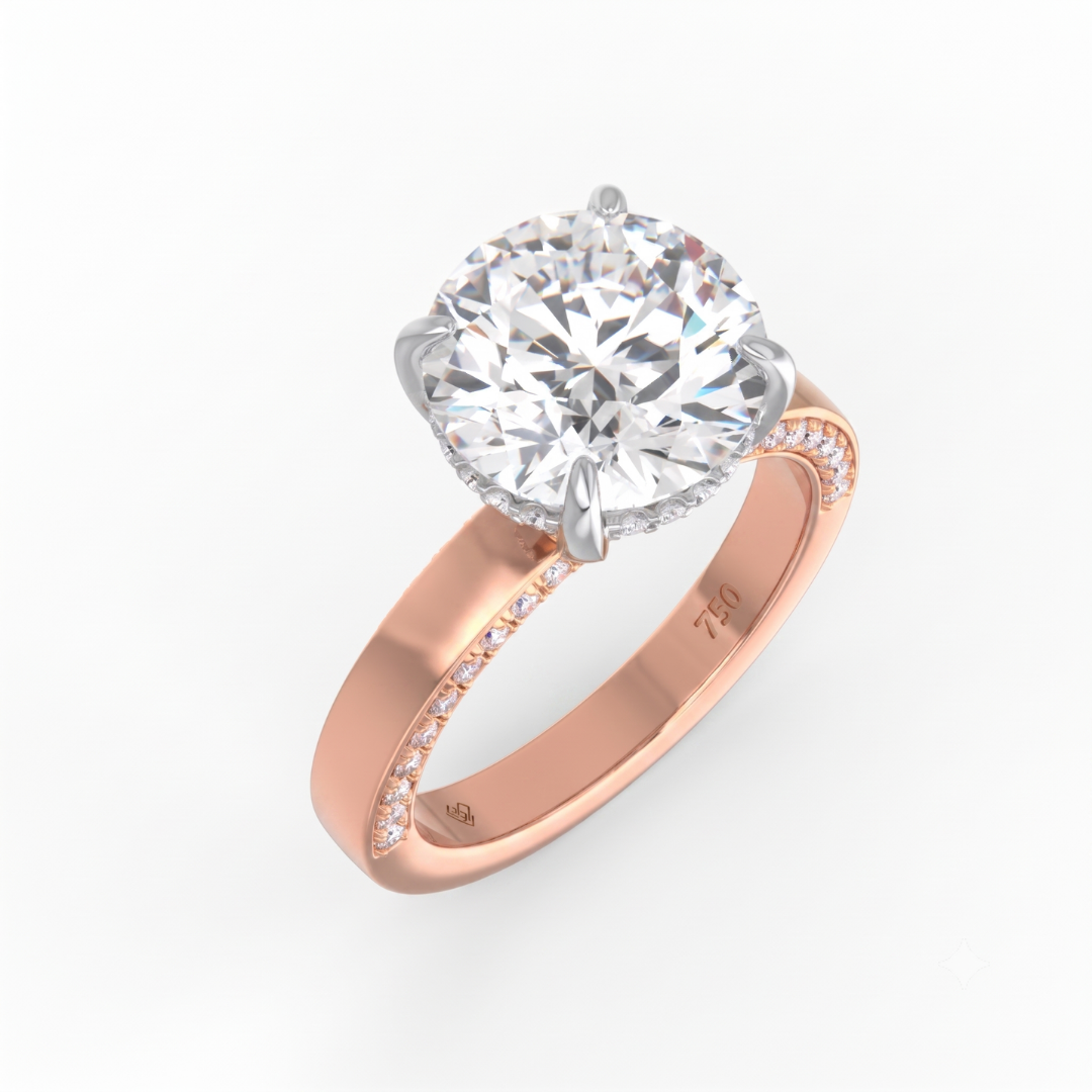 Celeste Round cut Lab Diamond with Cigar Band and Half set Diamond Sides & Hidden Halo