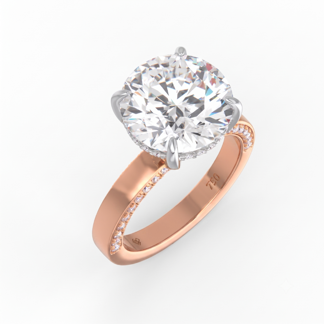 Celeste Round cut Lab Diamond with Cigar Band and Half set Diamond Sides & Hidden Halo
