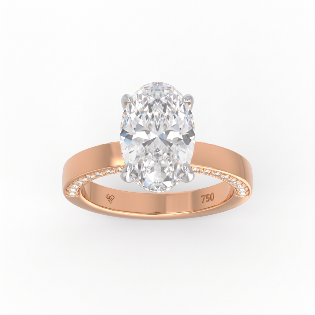 Celeste Oval cut Lab Diamond with Cigar band and half set Diamond Sides & Hidden Halo
