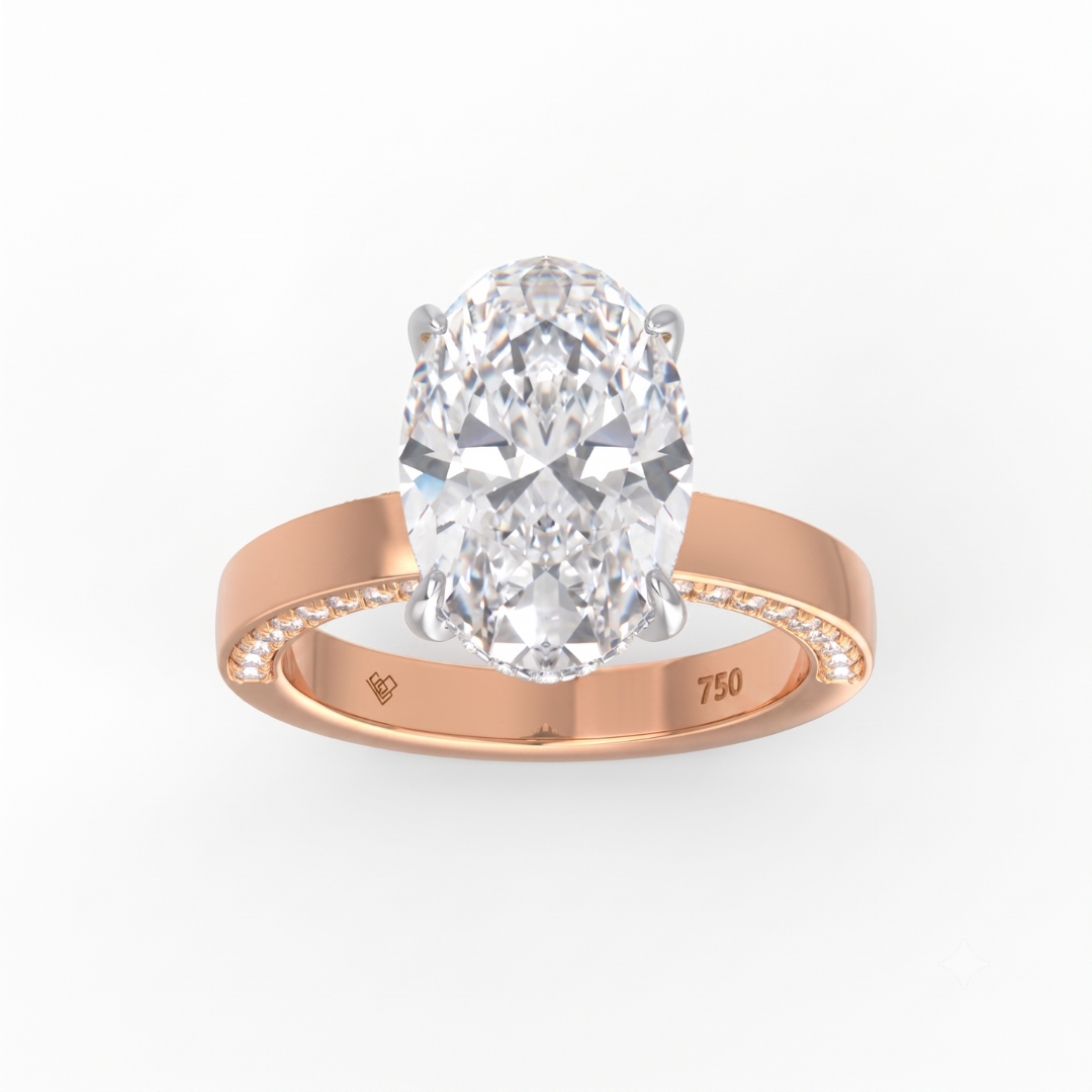 Celeste Oval cut Lab Diamond with Cigar band and half set Diamond Sides & Hidden Halo
