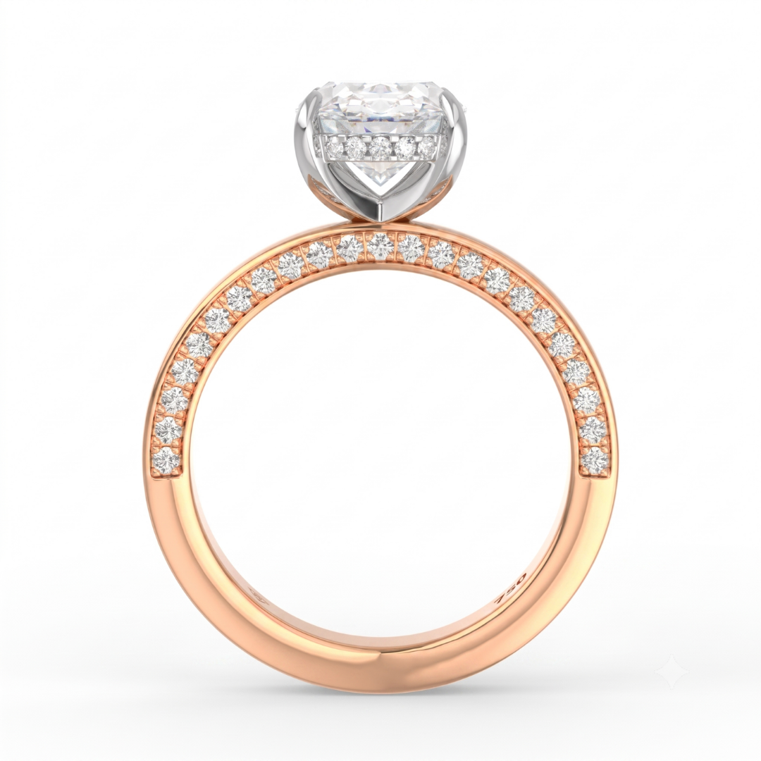 Celeste Oval cut Lab Diamond with Cigar band and half set Diamond Sides & Hidden Halo