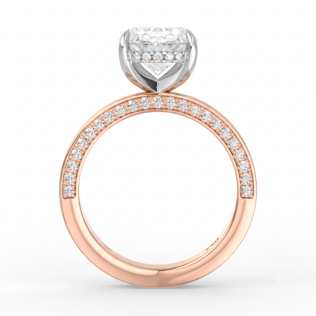 Celeste Oval cut Lab Diamond with Cigar band and half set Diamond Sides & Hidden Halo