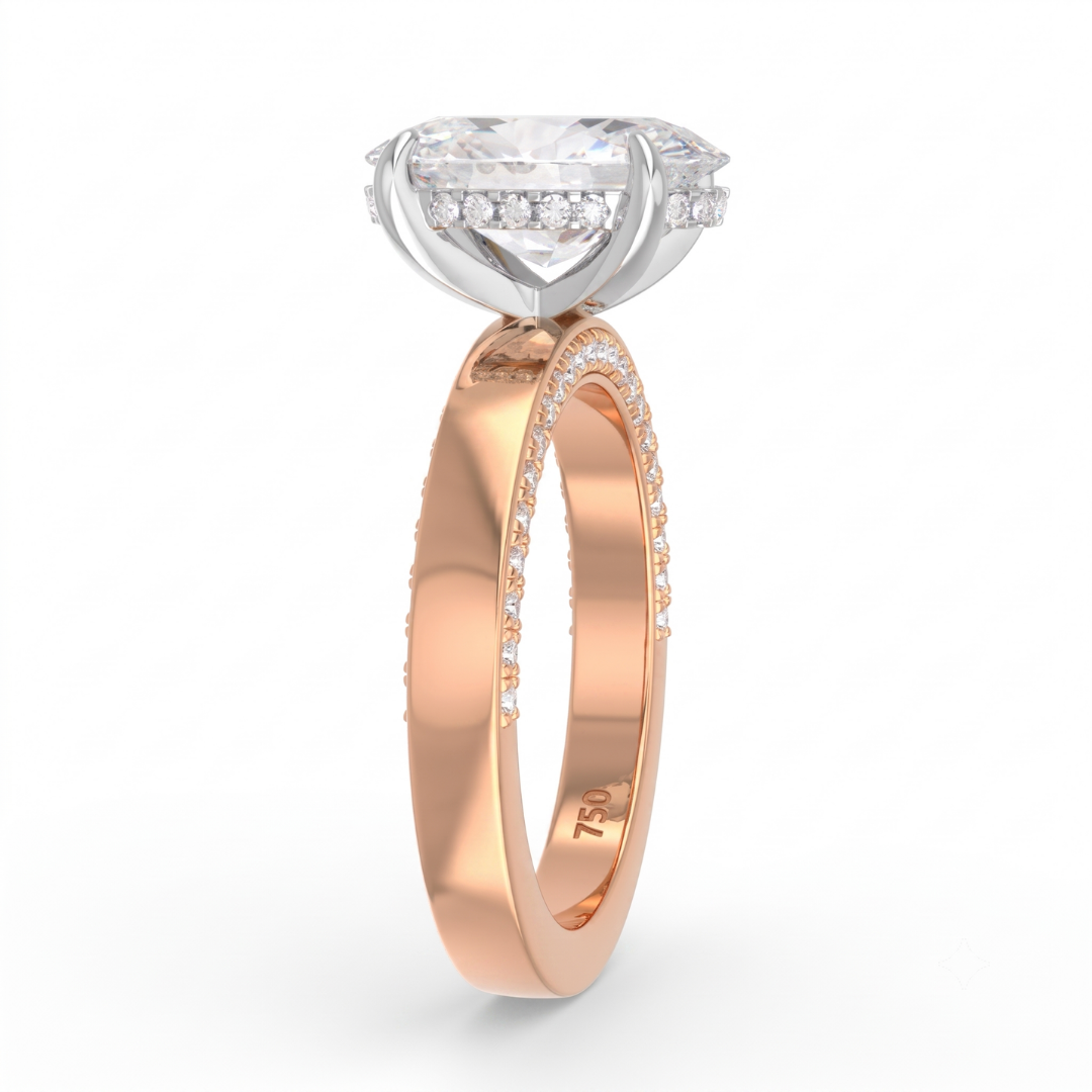 Celeste Oval cut Lab Diamond with Cigar band and half set Diamond Sides & Hidden Halo