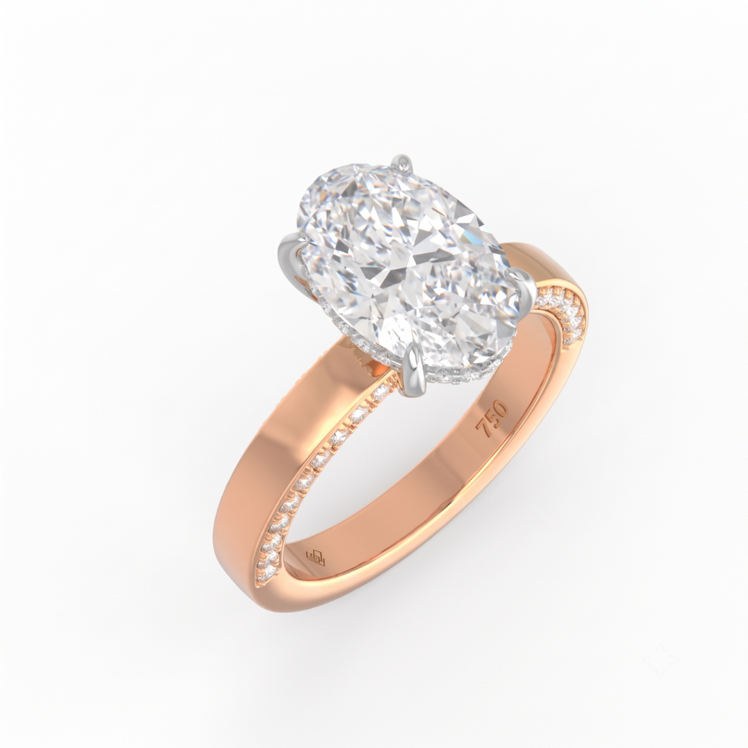 Celeste Oval cut Lab Diamond with Cigar band and half set Diamond Sides & Hidden Halo