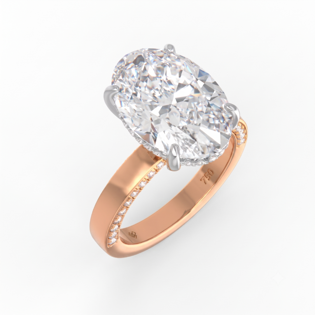 Celeste Oval cut Lab Diamond with Cigar band and half set Diamond Sides & Hidden Halo