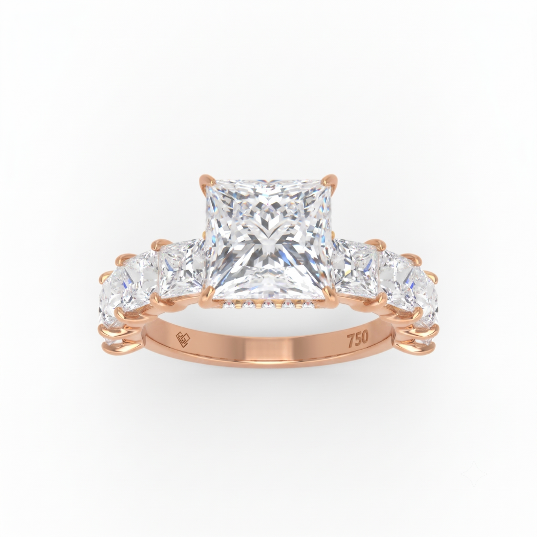 Vivien Princess Brilliant Cut engagement ring with Princess Brilliant Diamond Band and Wrap Around Hidden Halo