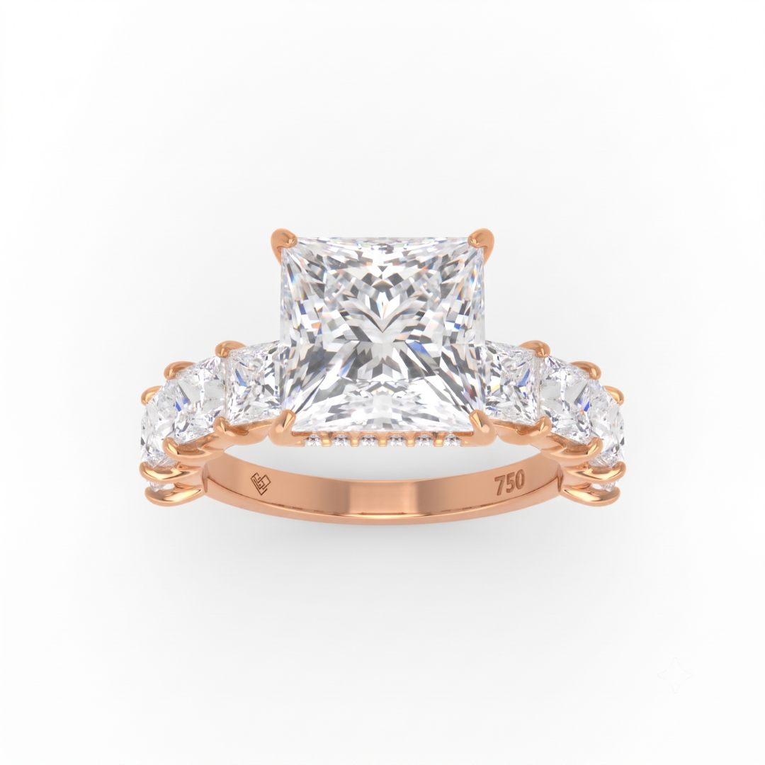 Vivien Princess Brilliant Cut engagement ring with Princess Brilliant Diamond Band and Wrap Around Hidden Halo