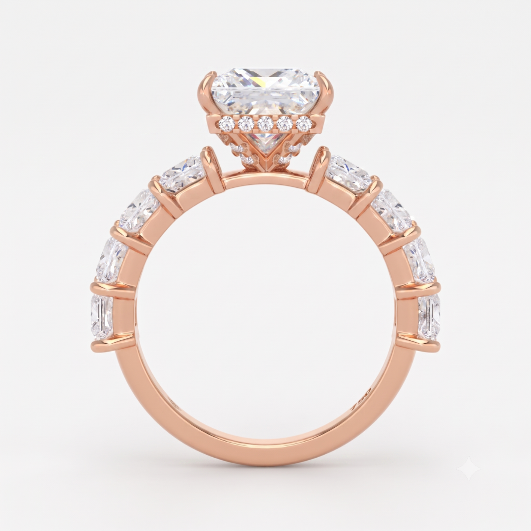 Vivien Princess Brilliant Cut engagement ring with Princess Brilliant Diamond Band and Wrap Around Hidden Halo