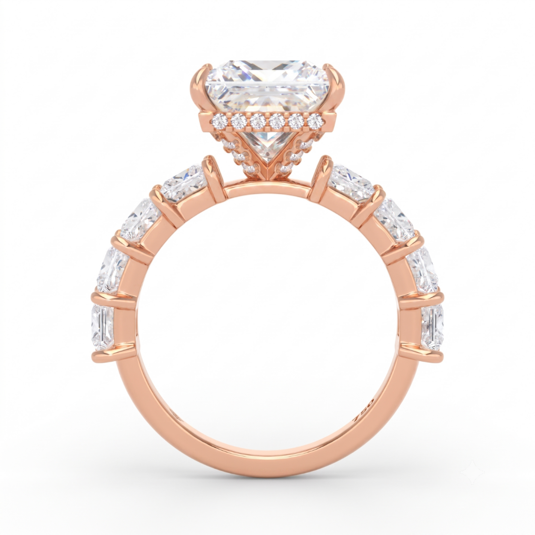 Vivien Princess Brilliant Cut engagement ring with Princess Brilliant Diamond Band and Wrap Around Hidden Halo