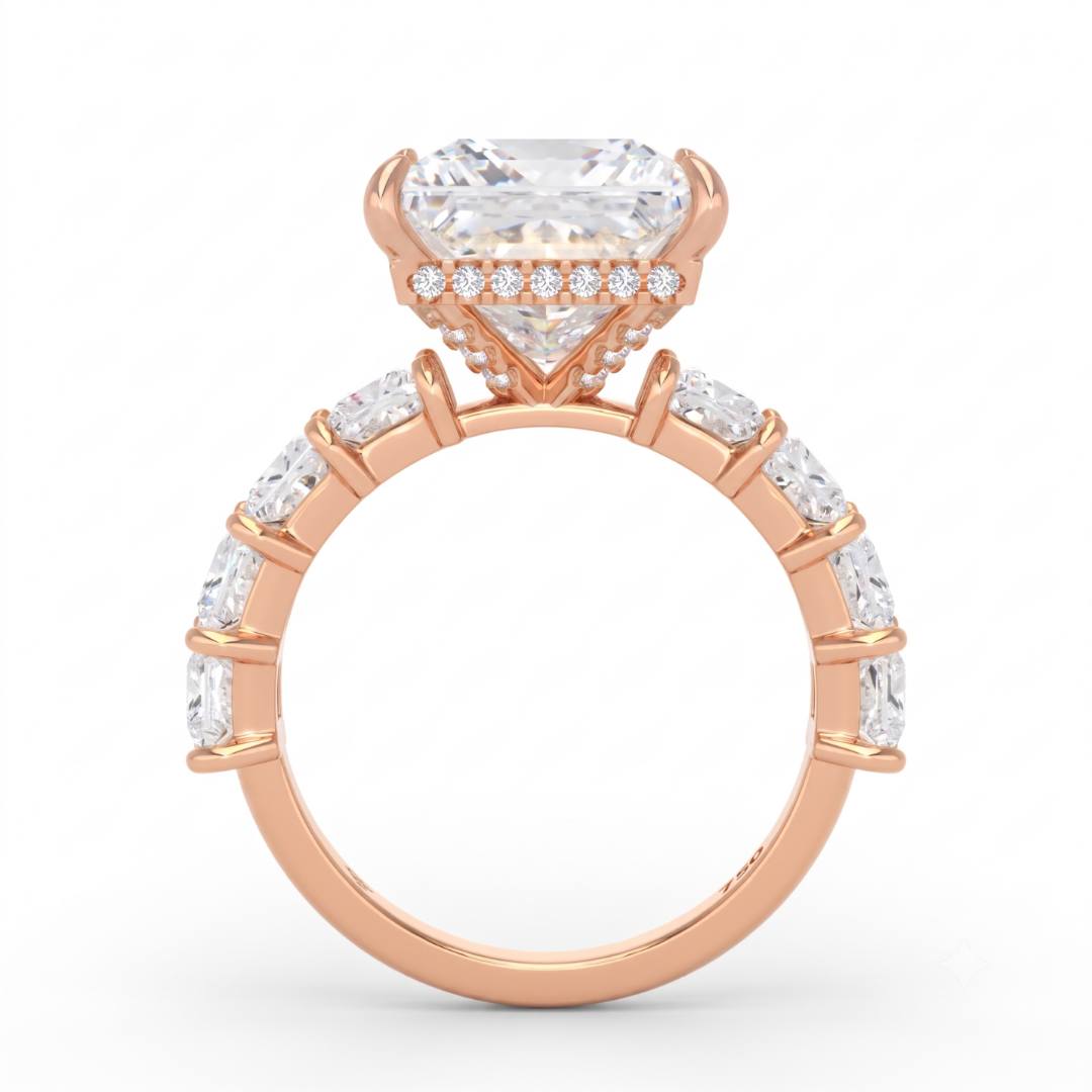 Vivien Princess Brilliant Cut engagement ring with Princess Brilliant Diamond Band and Wrap Around Hidden Halo