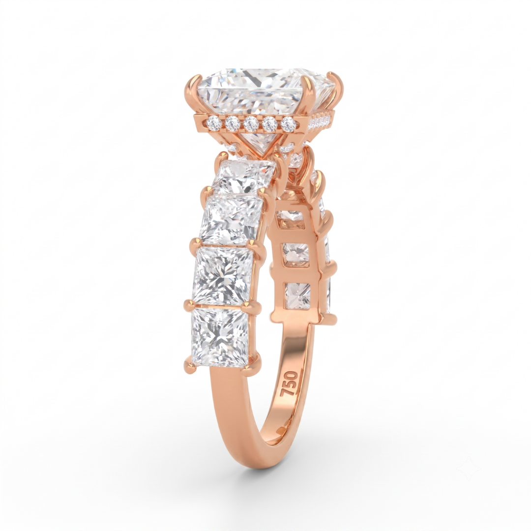 Vivien Princess Brilliant Cut engagement ring with Princess Brilliant Diamond Band and Wrap Around Hidden Halo