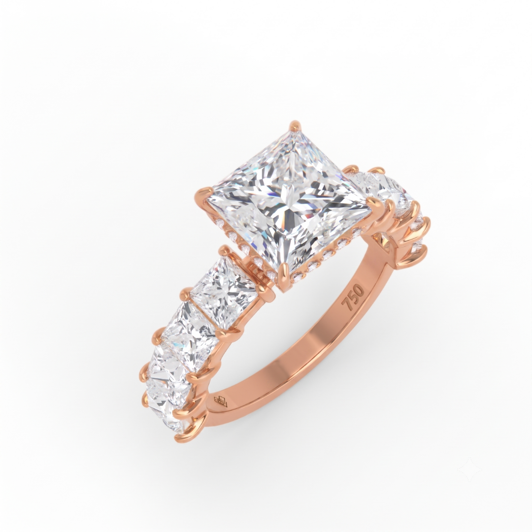 Vivien Princess Brilliant Cut engagement ring with Princess Brilliant Diamond Band and Wrap Around Hidden Halo
