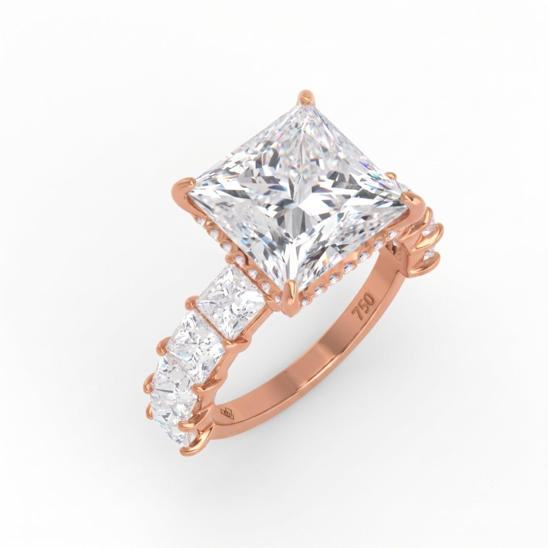 Vivien Princess Brilliant Cut engagement ring with Princess Brilliant Diamond Band and Wrap Around Hidden Halo