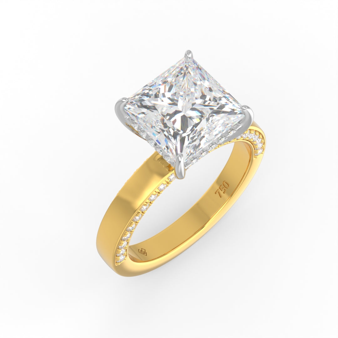 Celeste Princess cut Lab Diamond with Cigar band and half set Diamond sides & hidden halo