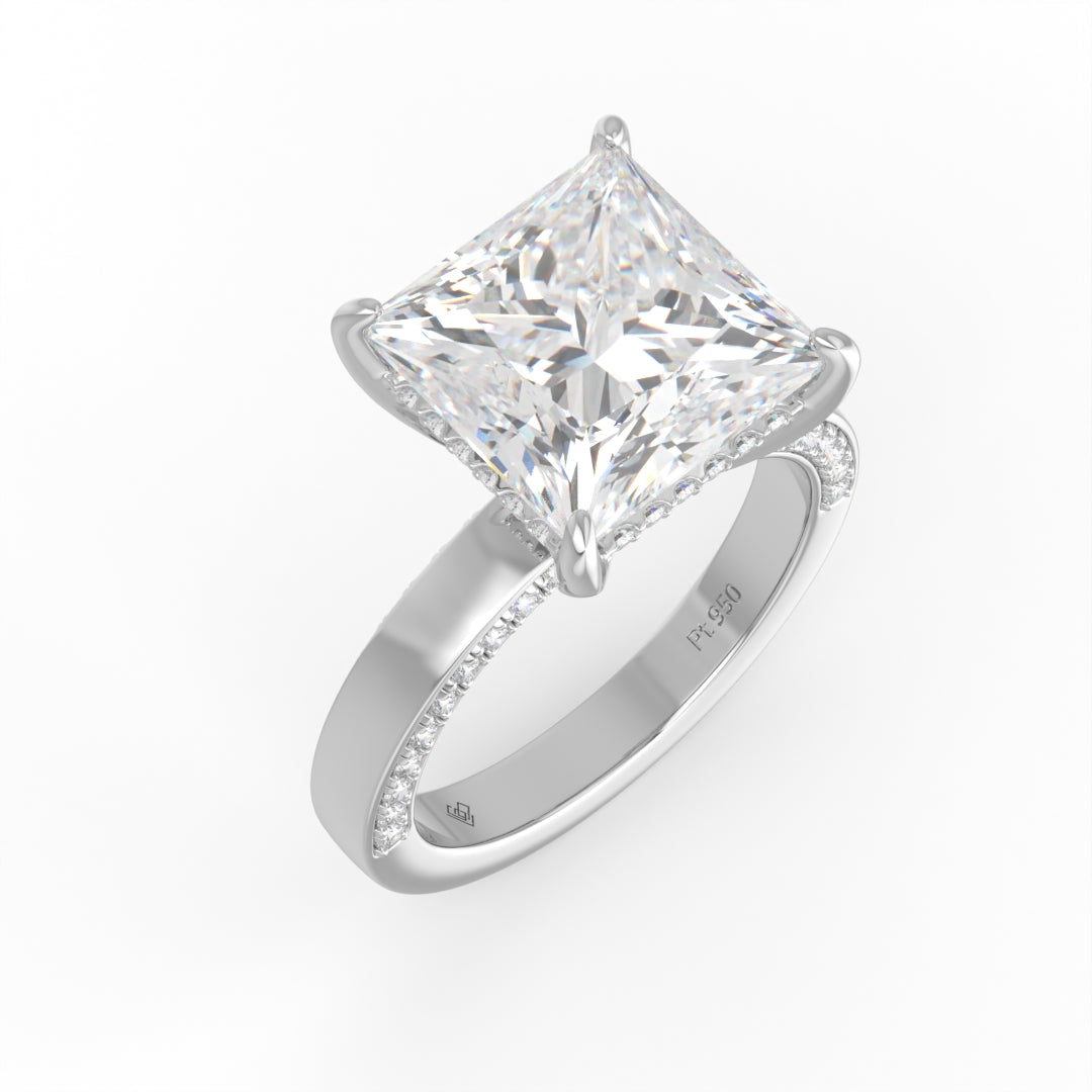 Celeste Princess cut Lab Diamond with Cigar band and half set Diamond sides & hidden halo