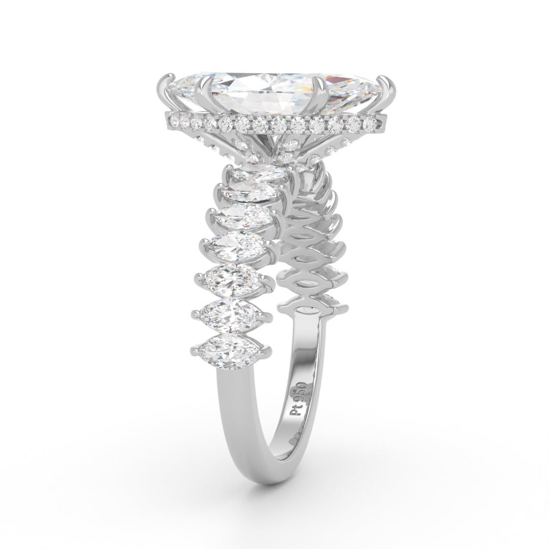 Vivien Marquise Brilliant Cut Engagement Ring with Marquise Brilliant Diamond Band and Wrap Around Hidden Halo