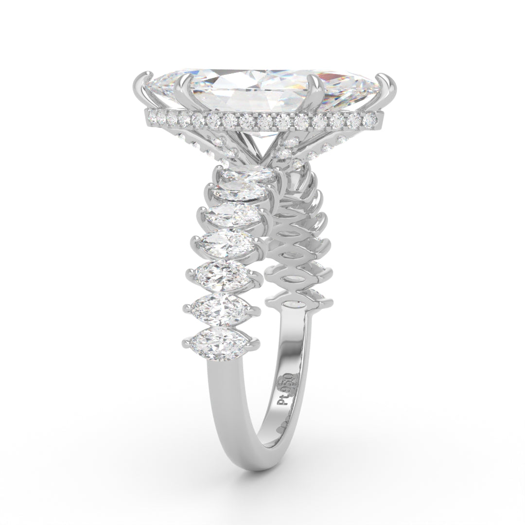 Vivien Marquise Brilliant Cut Engagement Ring with Marquise Brilliant Diamond Band and Wrap Around Hidden Halo