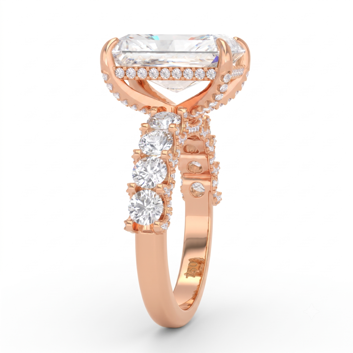 Juliette Radiant Lab-Grown Diamond Engagement Ring featuring a Half-Set Diamond Band, Hidden Halo, and Pavé U-Shaped Prong Setting