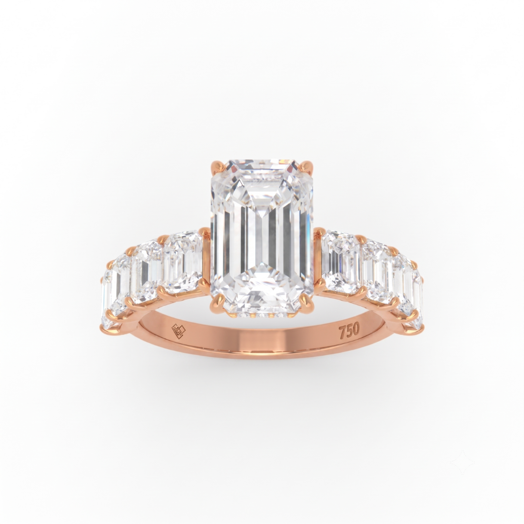 Vivien Emerald Brilliant Cut Engagement Ring with Emerald Brilliant Diamond Band and Wrap Around Hidden Halo