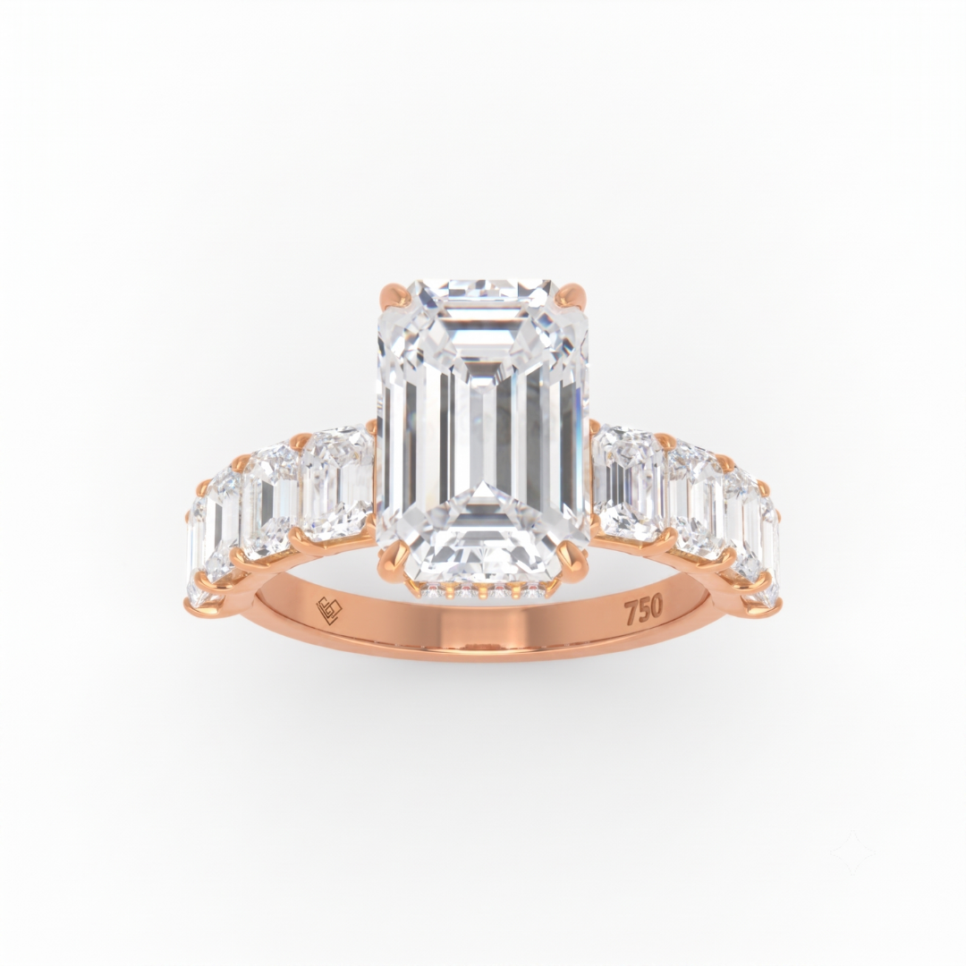 Vivien Emerald Brilliant Cut Engagement Ring with Emerald Brilliant Diamond Band and Wrap Around Hidden Halo