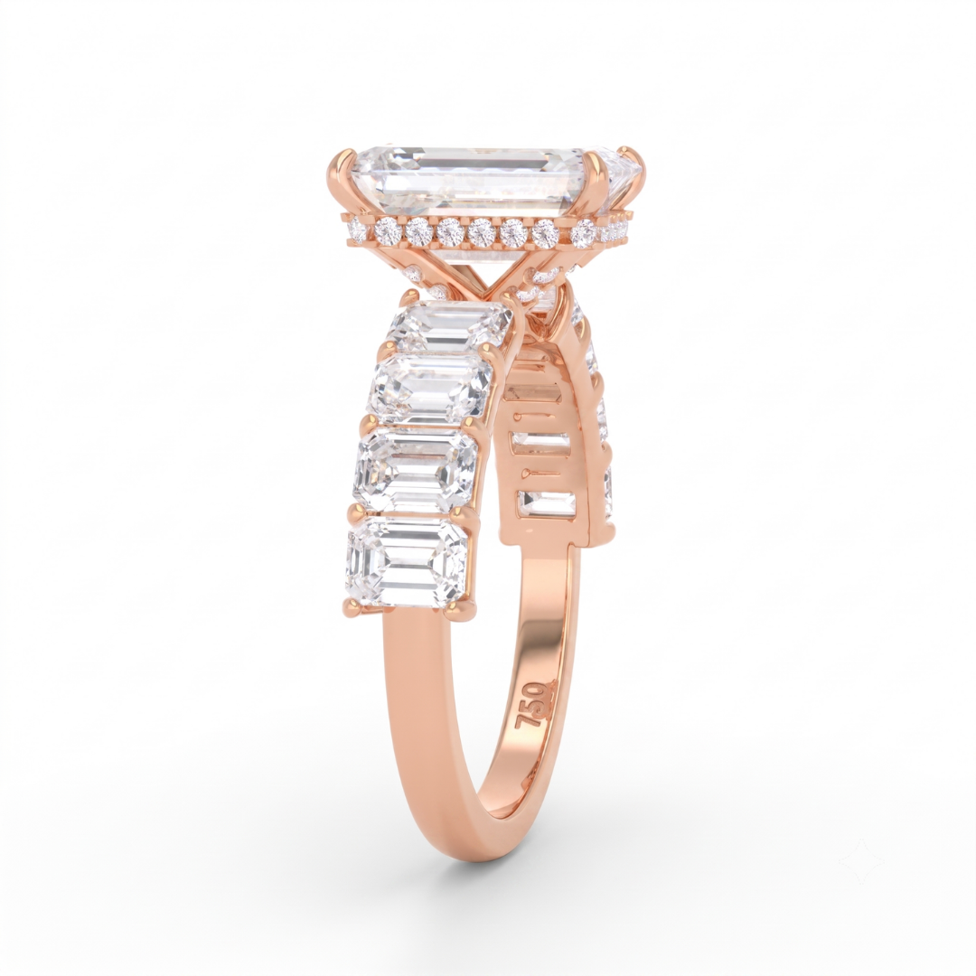 Vivien Emerald Brilliant Cut Engagement Ring with Emerald Brilliant Diamond Band and Wrap Around Hidden Halo