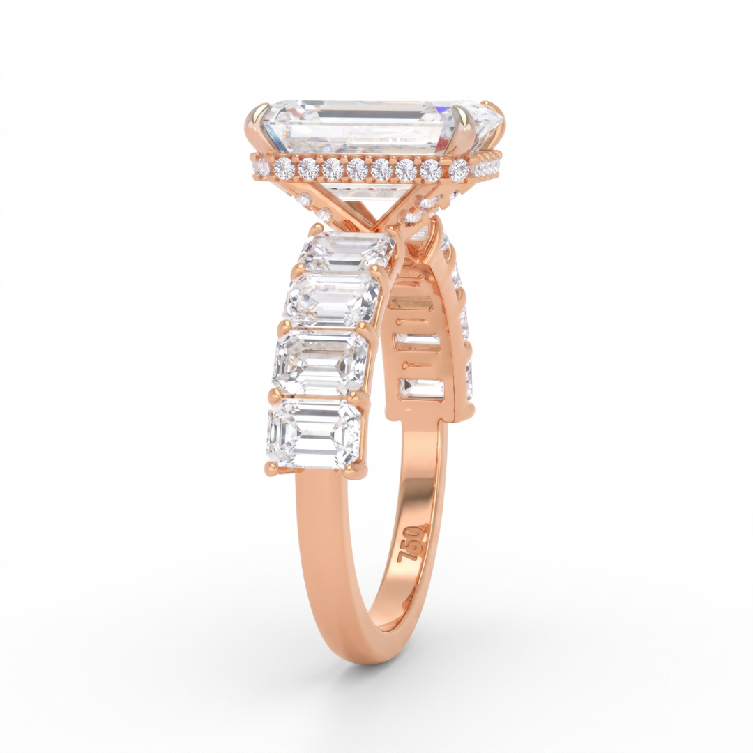 Vivien Emerald Brilliant Cut Engagement Ring with Emerald Brilliant Diamond Band and Wrap Around Hidden Halo