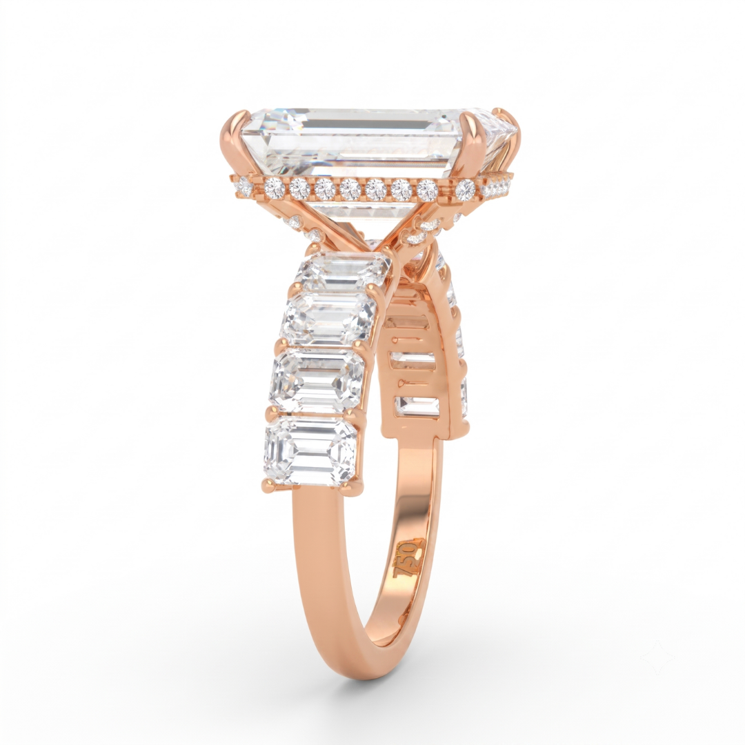 Vivien Emerald Brilliant Cut Engagement Ring with Emerald Brilliant Diamond Band and Wrap Around Hidden Halo