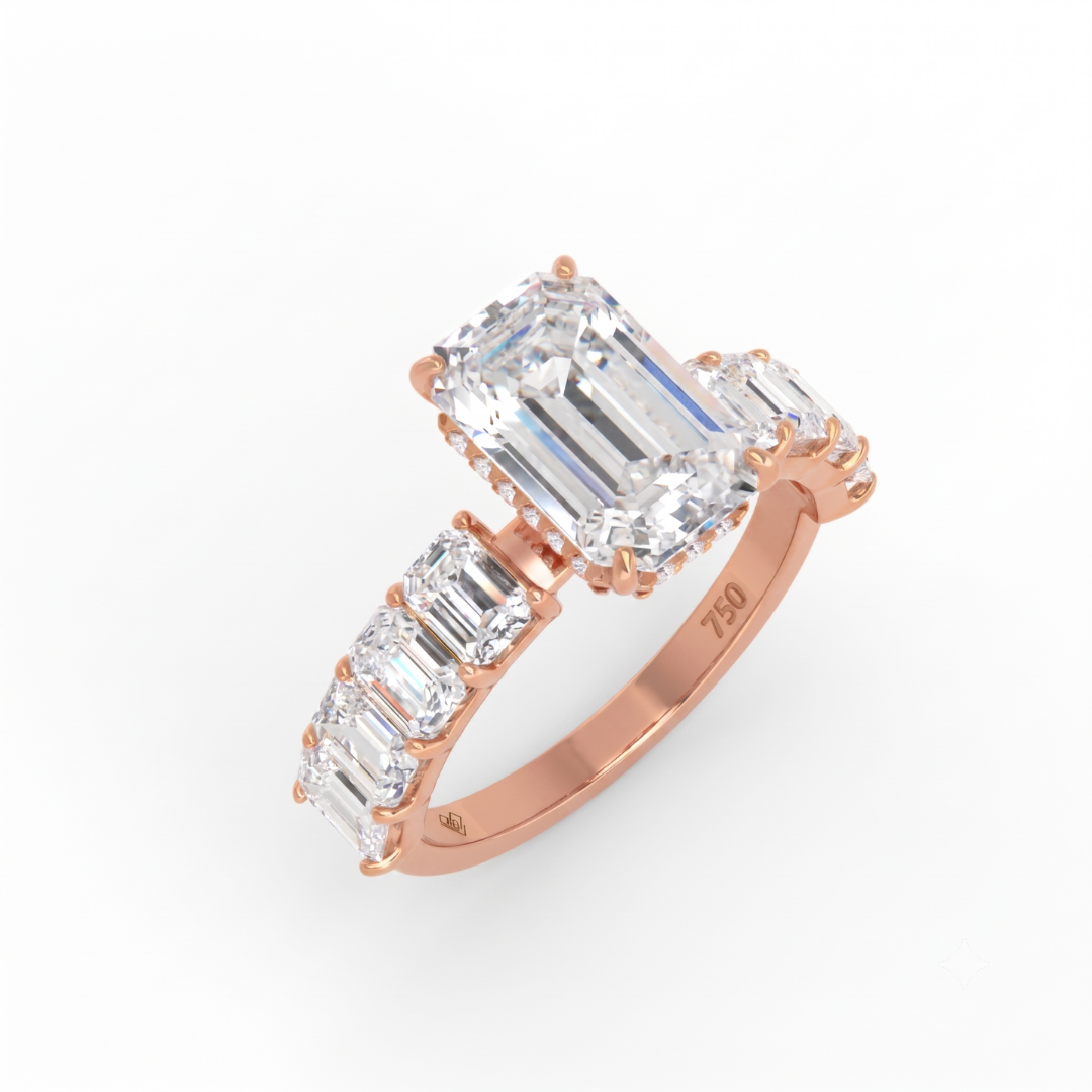 Vivien Emerald Brilliant Cut Engagement Ring with Emerald Brilliant Diamond Band and Wrap Around Hidden Halo