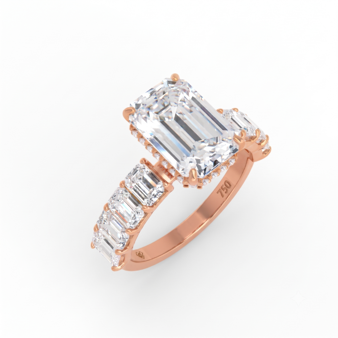 Vivien Emerald Brilliant Cut Engagement Ring with Emerald Brilliant Diamond Band and Wrap Around Hidden Halo