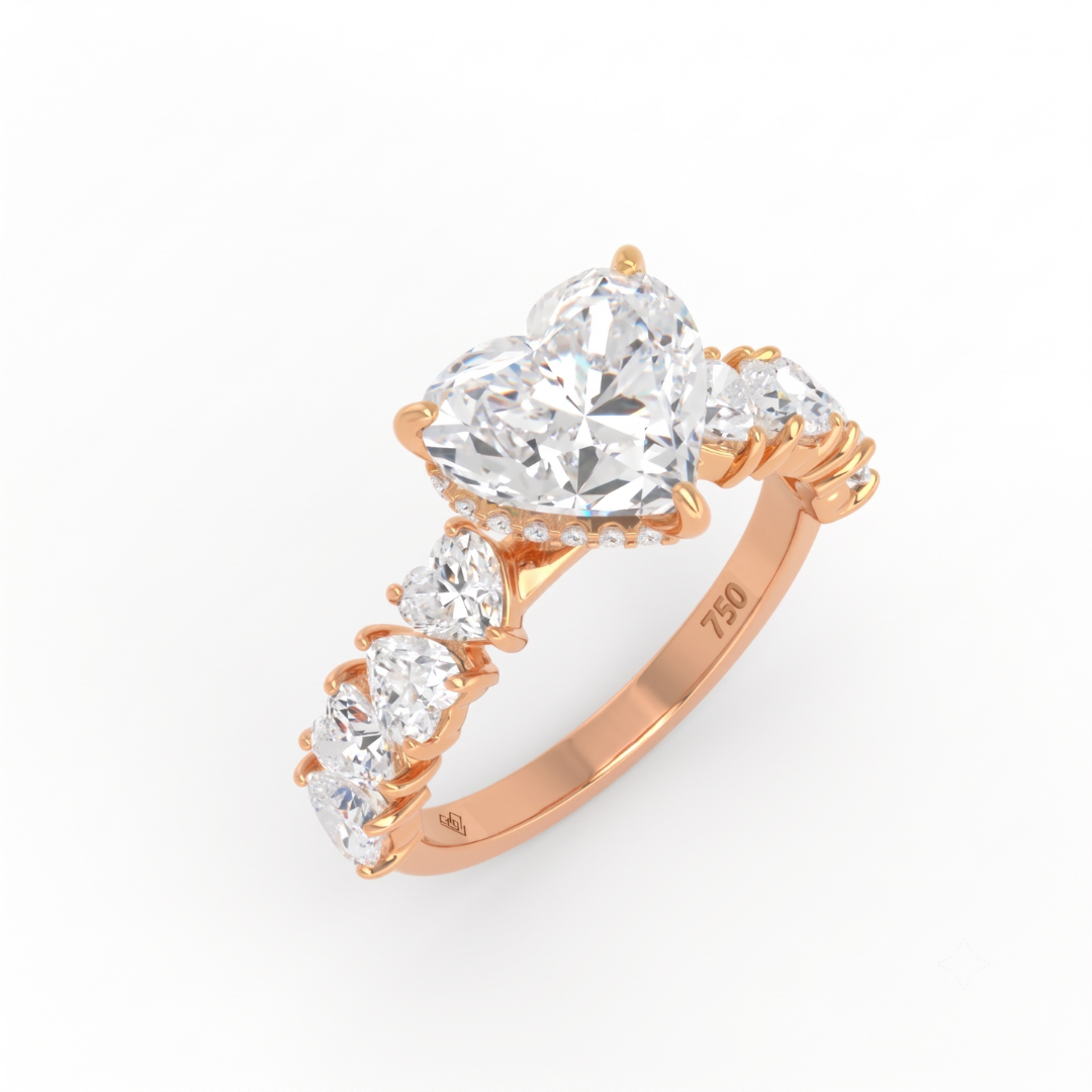 Vivien Heart Brilliant Cut engagement ring with heart brilliant diamond band and wrap around hidden halo