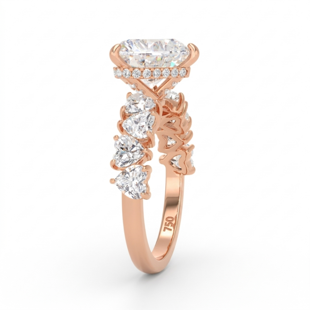 Vivien Heart Brilliant Cut engagement ring with heart brilliant diamond band and wrap around hidden halo