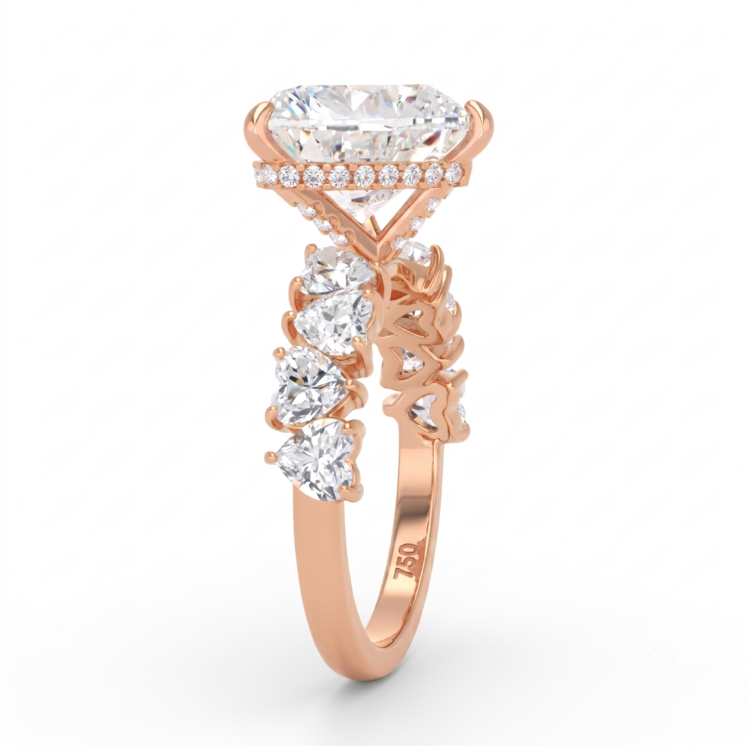 Vivien Heart Brilliant Cut engagement ring with heart brilliant diamond band and wrap around hidden halo