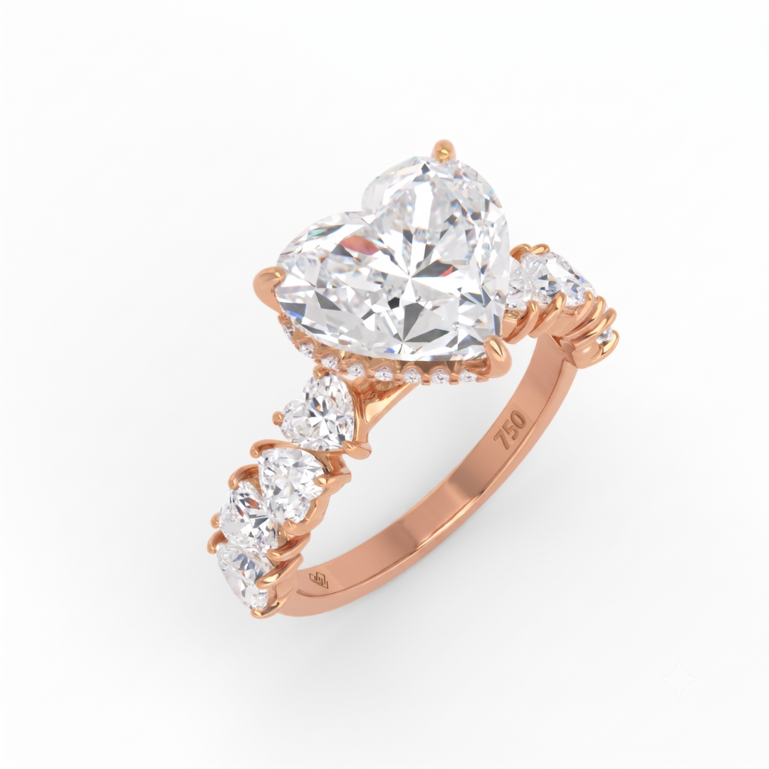 Vivien Heart Brilliant Cut engagement ring with heart brilliant diamond band and wrap around hidden halo