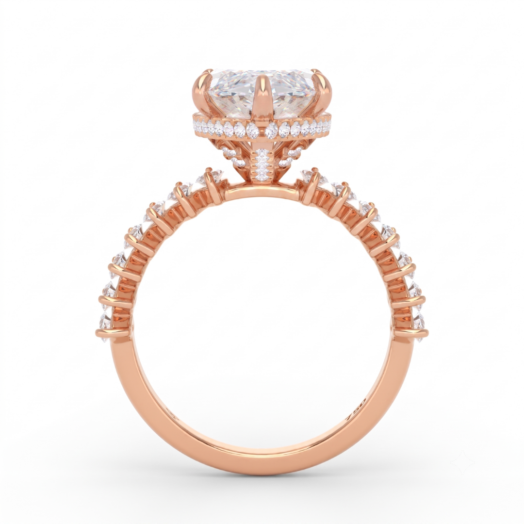 Vivien Marquise Brilliant Cut Engagement Ring with Marquise Brilliant Diamond Band and Wrap Around Hidden Halo