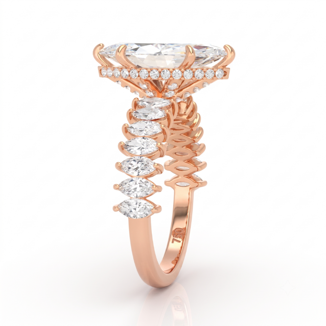 Vivien Marquise Brilliant Cut Engagement Ring with Marquise Brilliant Diamond Band and Wrap Around Hidden Halo
