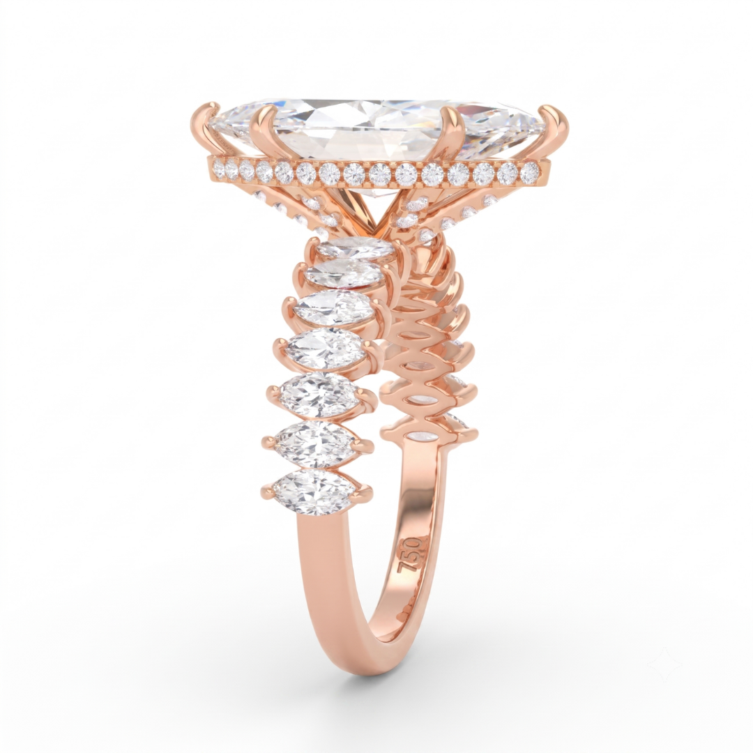 Vivien Marquise Brilliant Cut Engagement Ring with Marquise Brilliant Diamond Band and Wrap Around Hidden Halo