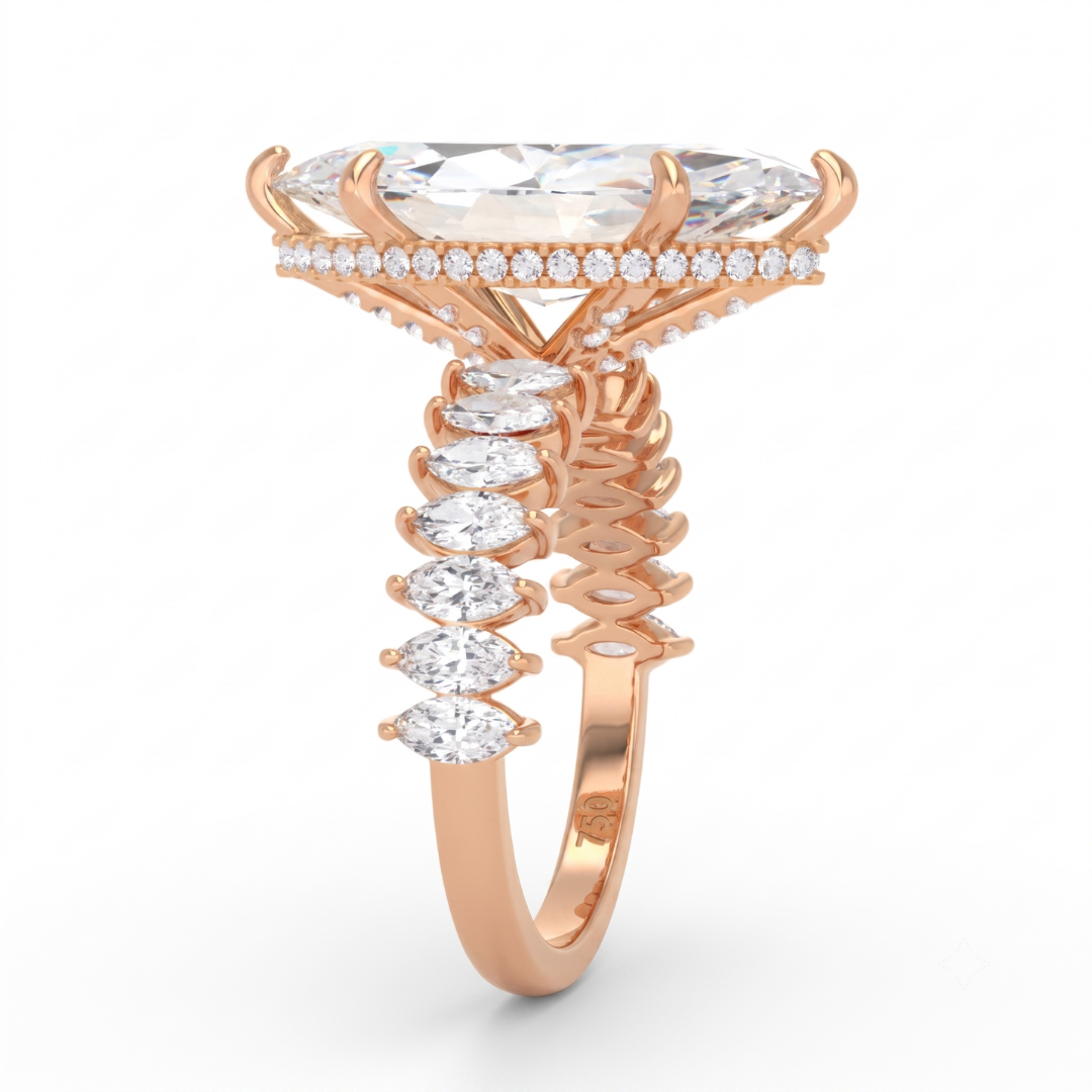 Vivien Marquise Brilliant Cut Engagement Ring with Marquise Brilliant Diamond Band and Wrap Around Hidden Halo