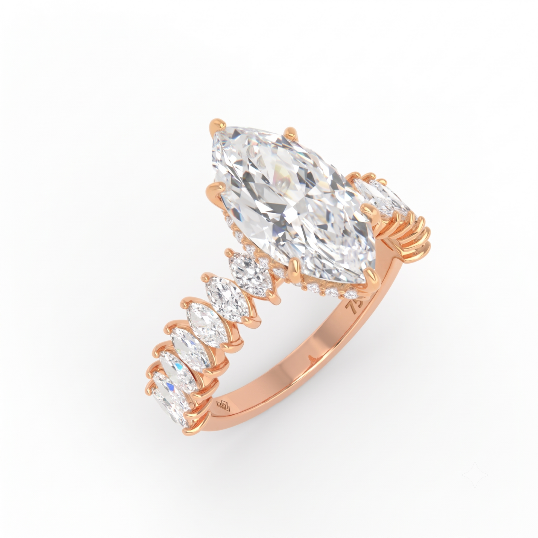 Vivien Marquise Brilliant Cut Engagement Ring with Marquise Brilliant Diamond Band and Wrap Around Hidden Halo