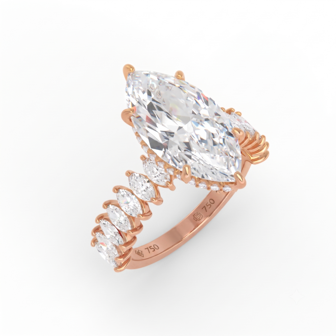 Vivien Marquise Brilliant Cut Engagement Ring with Marquise Brilliant Diamond Band and Wrap Around Hidden Halo