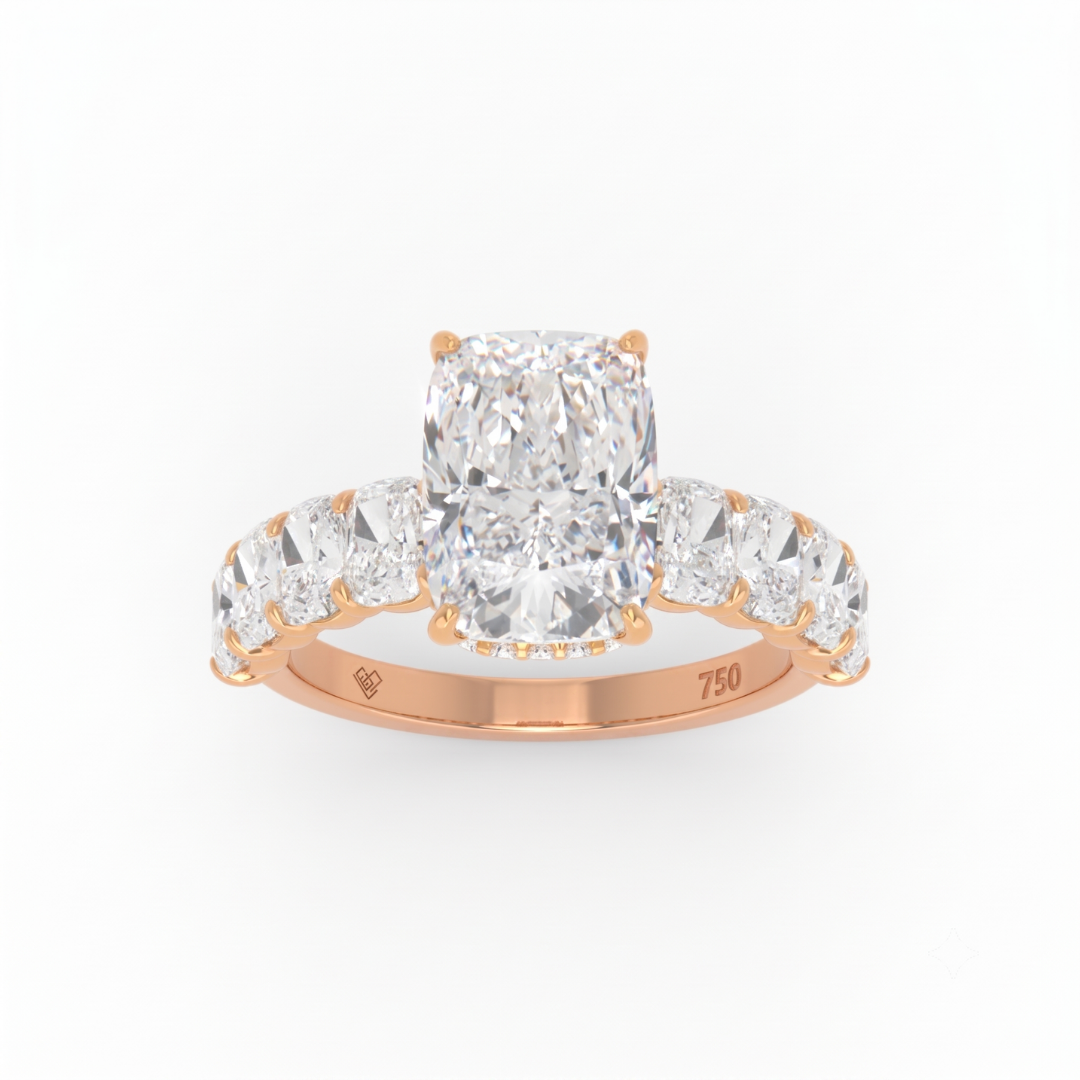 Vivien Cushion Brilliant Cut Engagement Ring with Cushion Brilliant Diamond Band and Wrap Around Hidden Halo