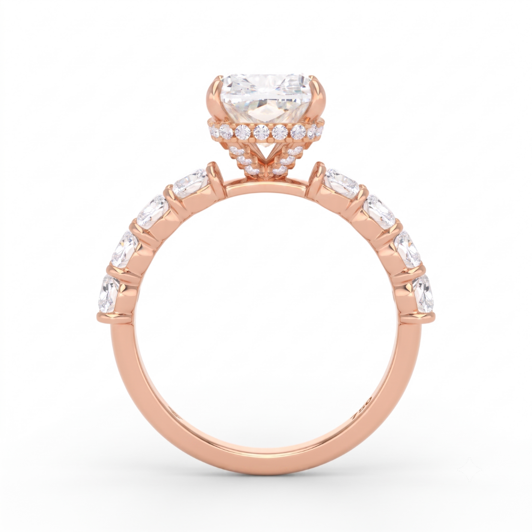 Vivien Cushion Brilliant Cut Engagement Ring with Cushion Brilliant Diamond Band and Wrap Around Hidden Halo
