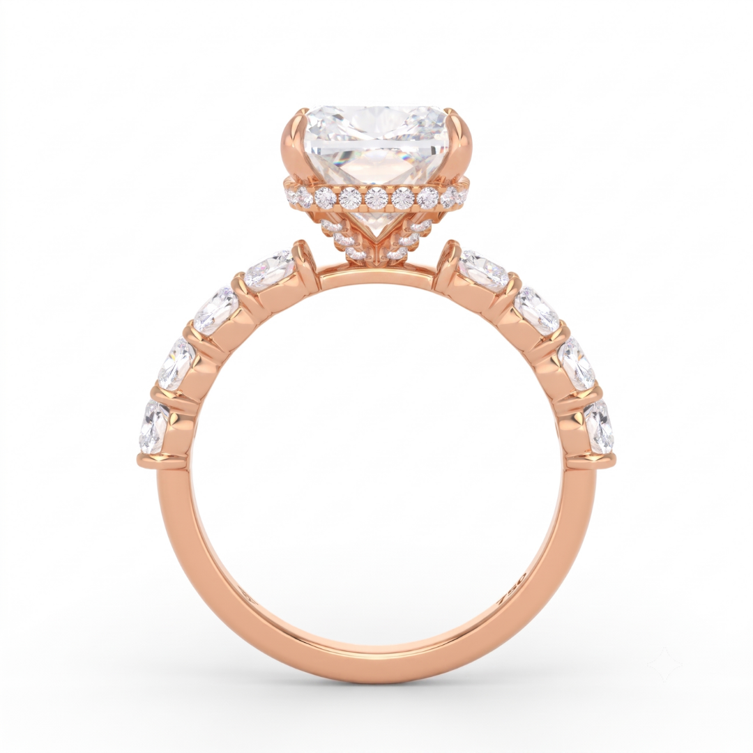 Vivien Cushion Brilliant Cut Engagement Ring with Cushion Brilliant Diamond Band and Wrap Around Hidden Halo
