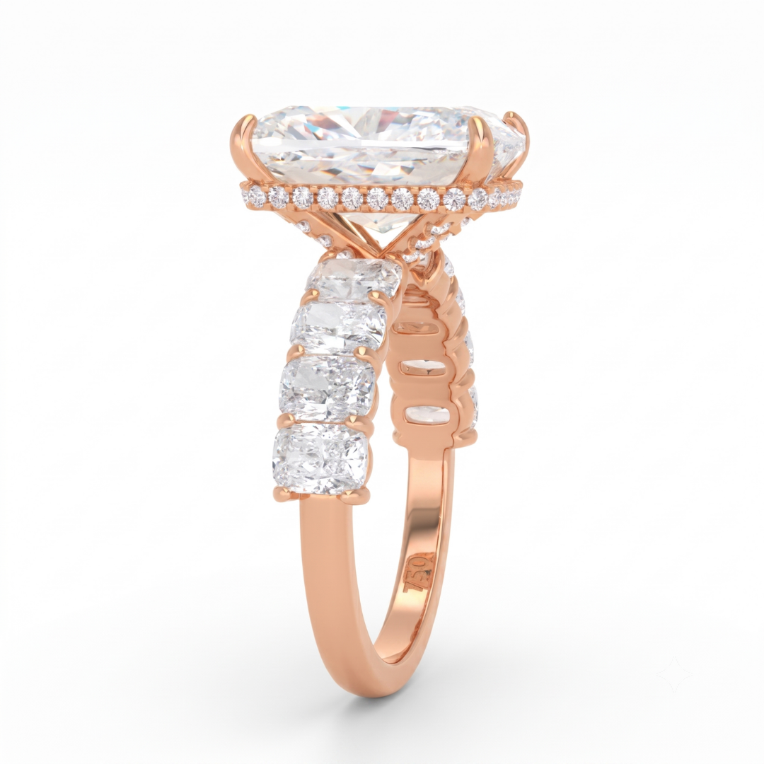 Vivien Cushion Brilliant Cut Engagement Ring with Cushion Brilliant Diamond Band and Wrap Around Hidden Halo