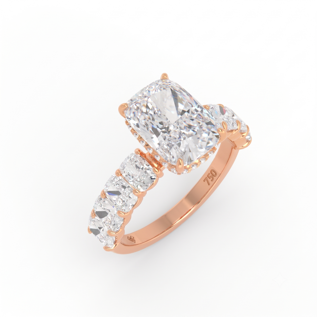Vivien Cushion Brilliant Cut Engagement Ring with Cushion Brilliant Diamond Band and Wrap Around Hidden Halo