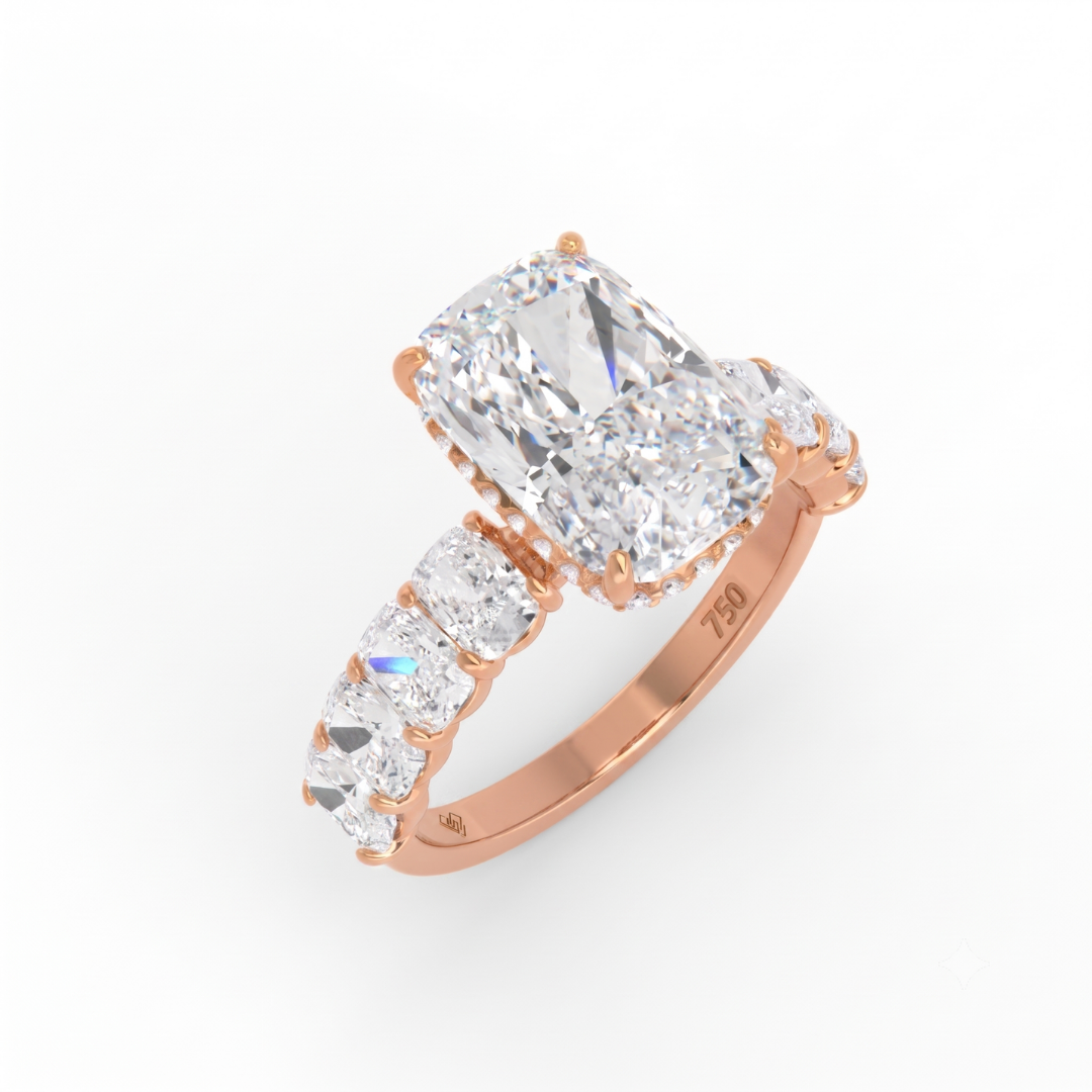 Vivien Cushion Brilliant Cut Engagement Ring with Cushion Brilliant Diamond Band and Wrap Around Hidden Halo