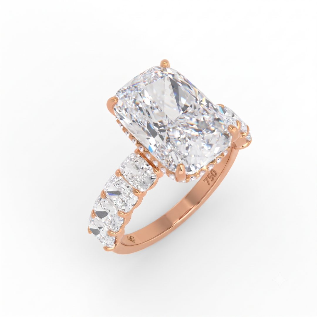 Vivien Cushion Brilliant Cut Engagement Ring with Cushion Brilliant Diamond Band and Wrap Around Hidden Halo