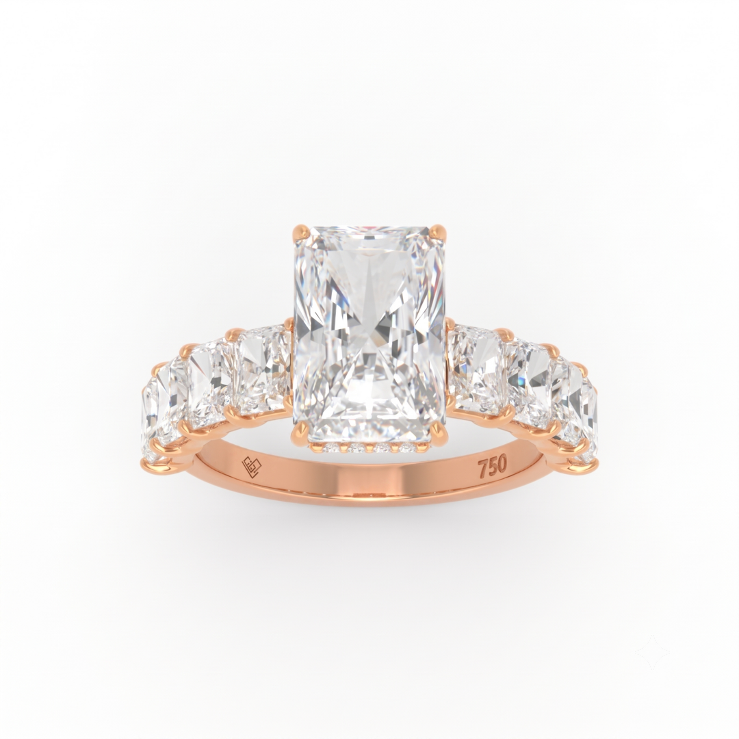 Vivien Radiant Brilliant Cut Engagement Ring with Radiant Brilliant Diamond Band and Wrap Around Hidden Halo
