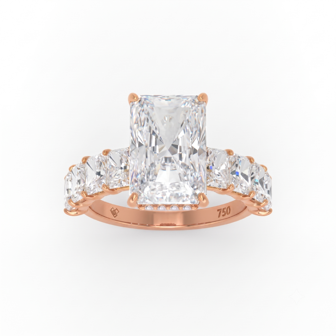 Vivien Radiant Brilliant Cut Engagement Ring with Radiant Brilliant Diamond Band and Wrap Around Hidden Halo