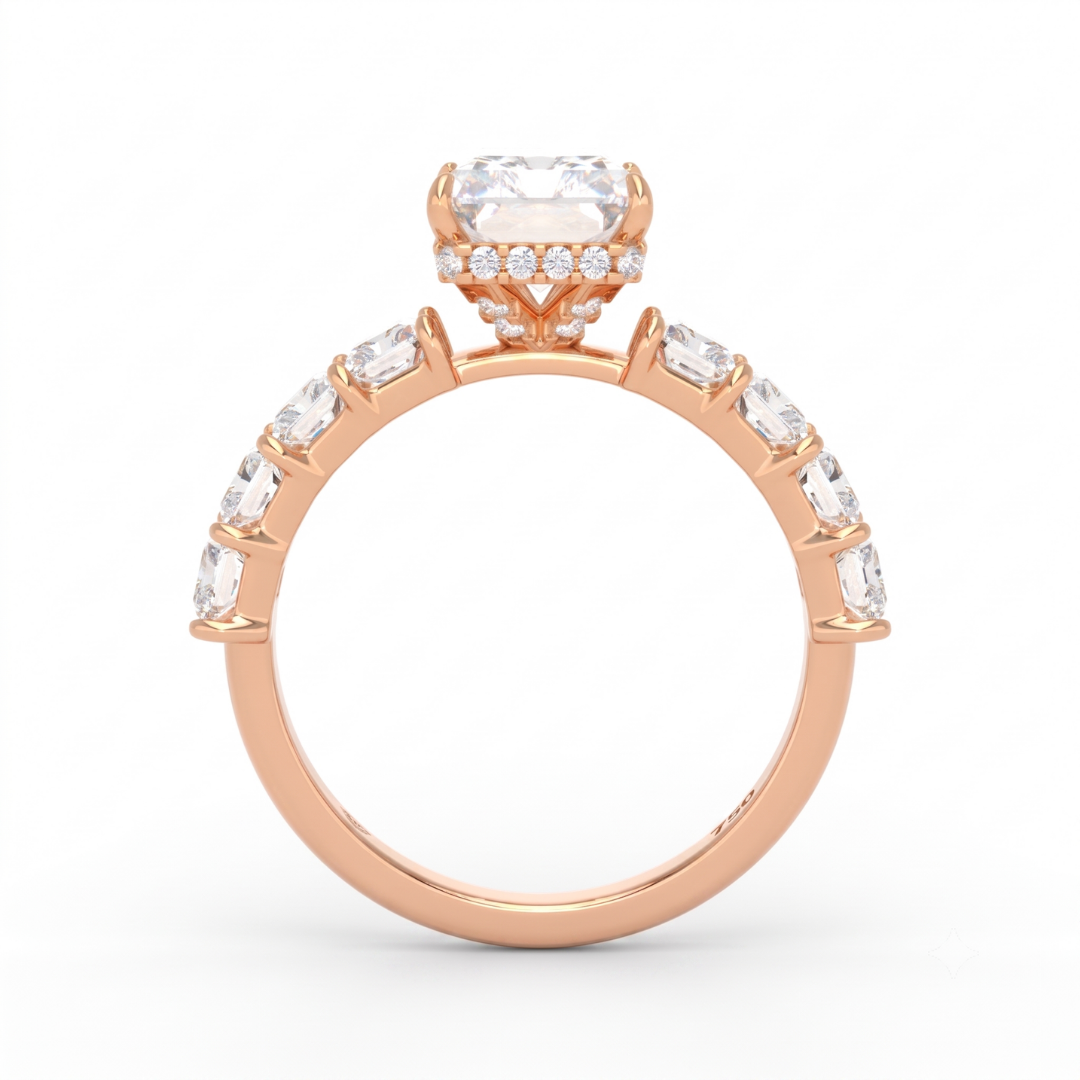 Vivien Radiant Brilliant Cut Engagement Ring with Radiant Brilliant Diamond Band and Wrap Around Hidden Halo
