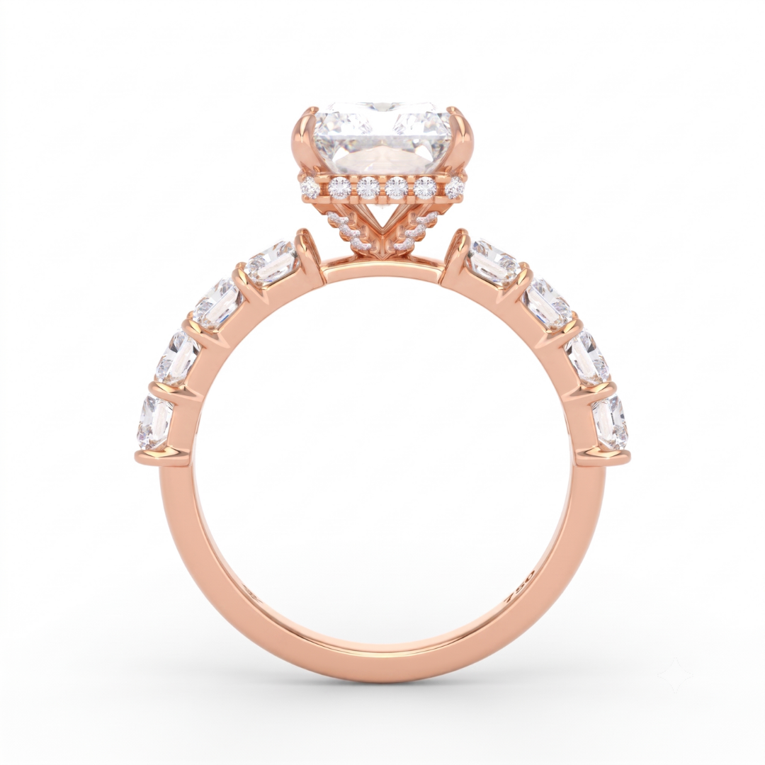 Vivien Radiant Brilliant Cut Engagement Ring with Radiant Brilliant Diamond Band and Wrap Around Hidden Halo
